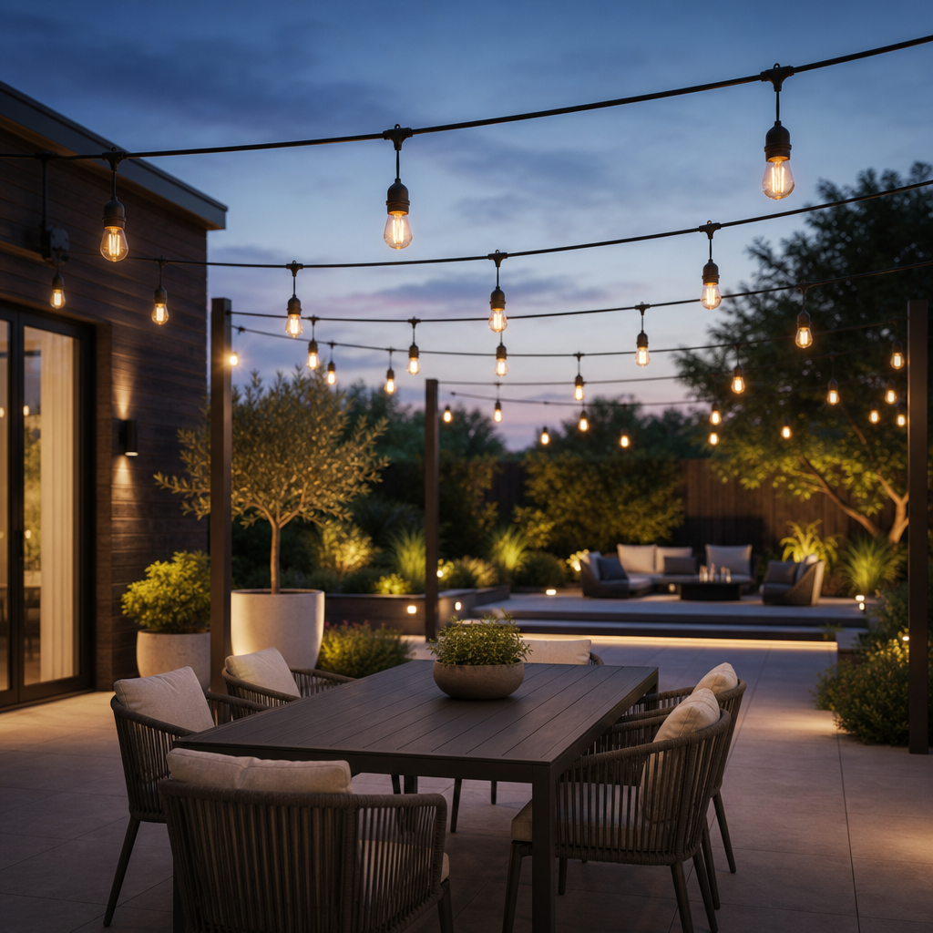 Outdoor patio with string lights, table, and chairs at dusk.