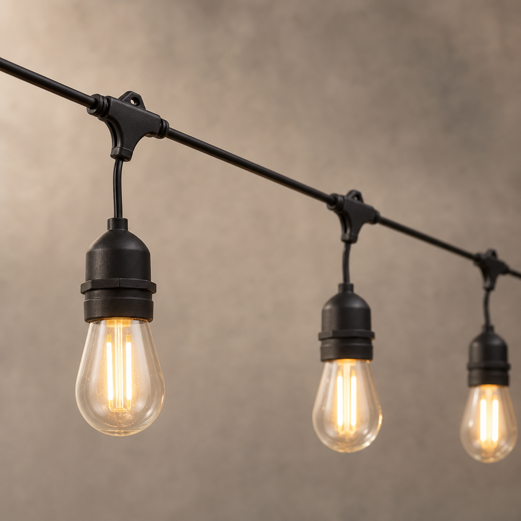 String of vintage-style light bulbs on a wire against a neutral background