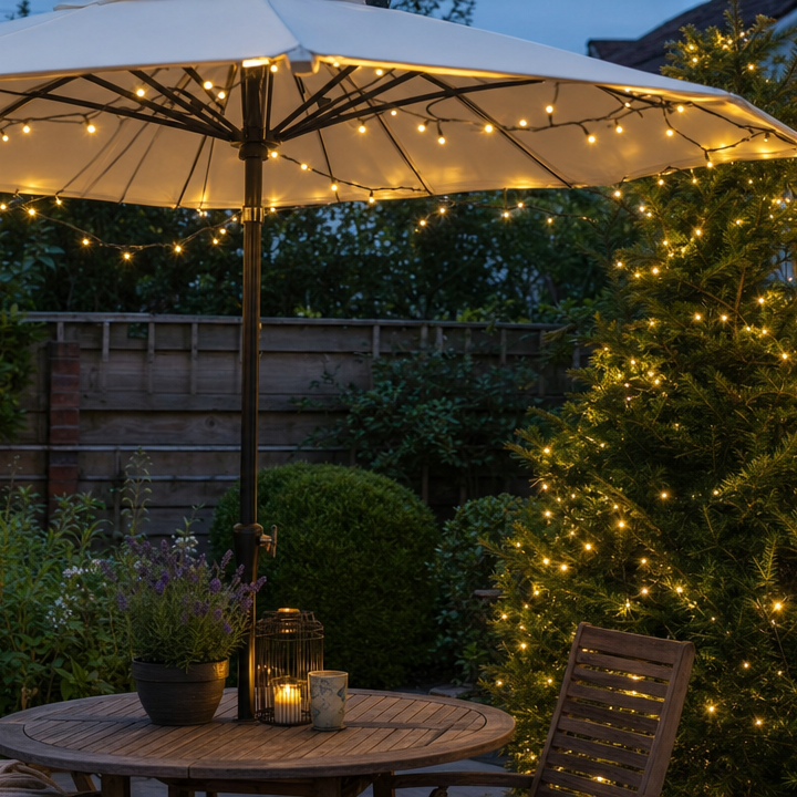 A large patio umbrella with warm white string lights glowing around its canopy and along the frame, set in a backyard garden next to a brick wall and a decorated Christmas tree. A small wooden table with chairs and candles sits underneath.
