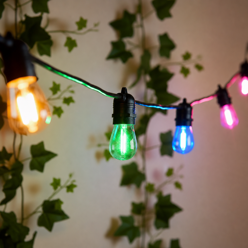 String lights with multi-colored bulbs hanging against a leafy background