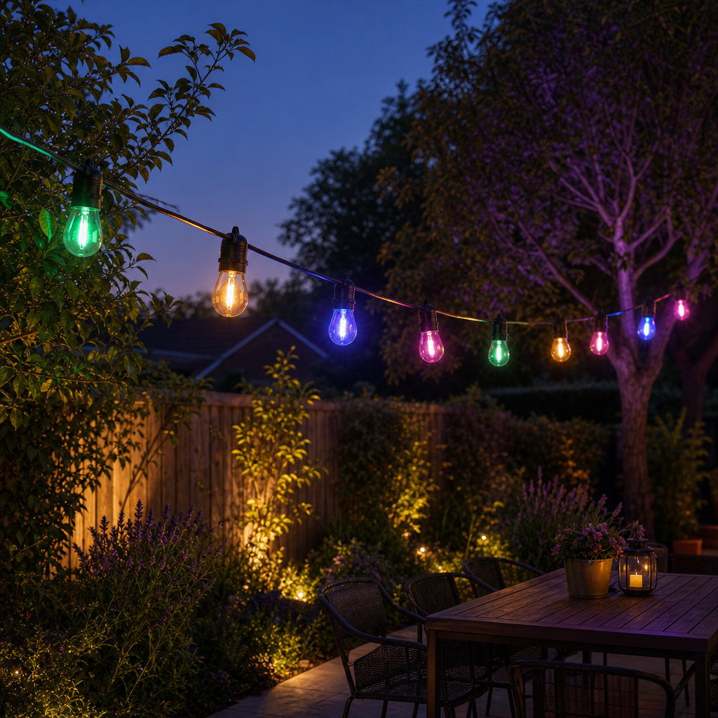 Multicolor string lights with clear glass globe bulbs hanging over a backyard patio at dusk, illuminating a wooden dining table, chairs, garden plants, and a fence.