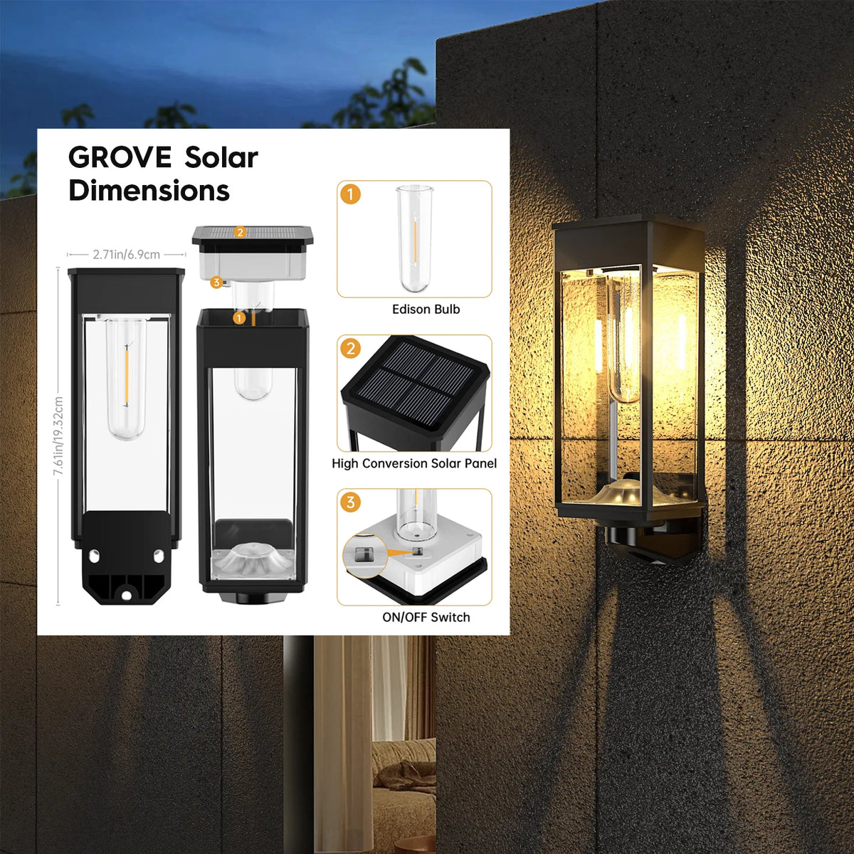2x Grove Outdoor Solar Wall Lights with Edison Style Bulb IP65 Rated - Garden Lights Direct