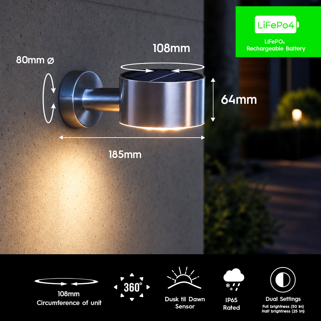 Fairfax Solar Down Wall Light - Silver - IP65 - Warm White LED - Weatherproof - Built To Last