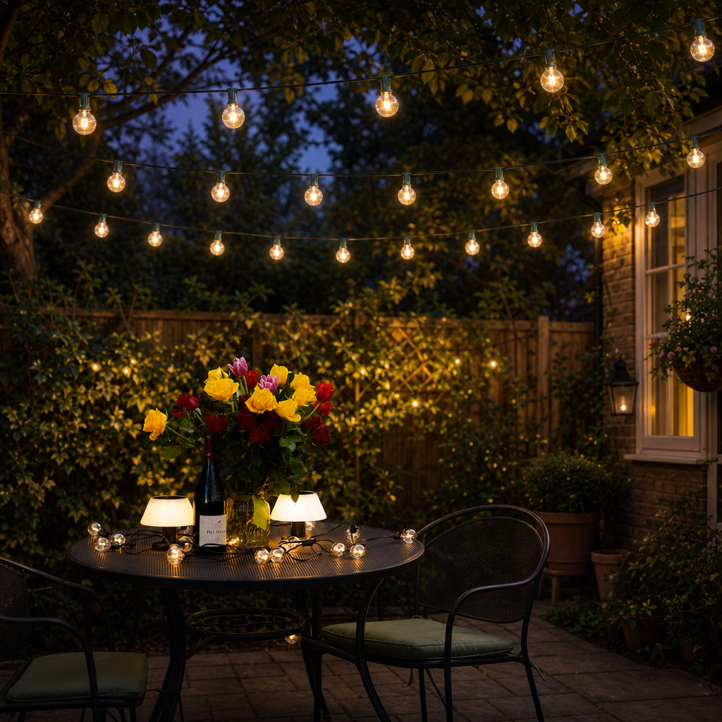 Outdoor patio scene at dusk with warm string lights hanging overhead, a round dining table with chairs, a floral centerpiece, candles, and a bottle of wine in a garden setting.
