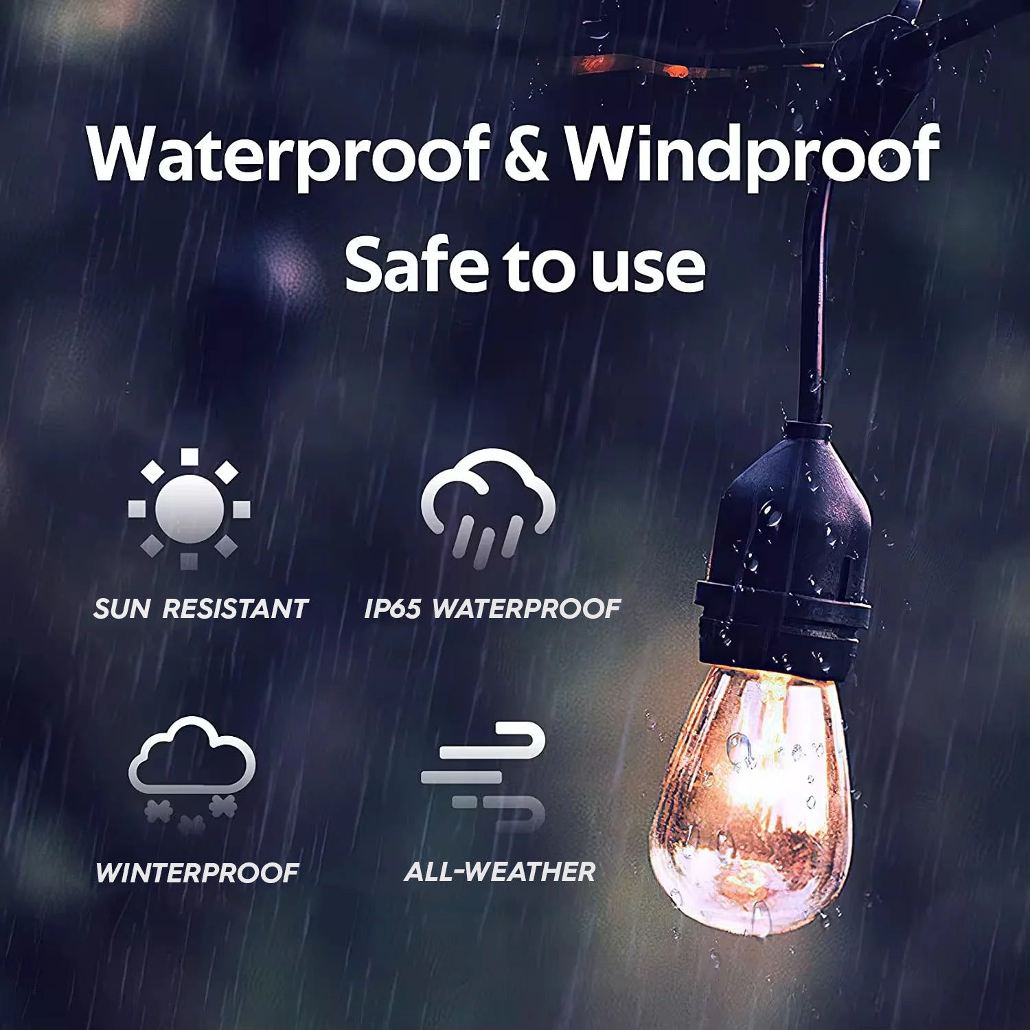 Light bulb with raindrops on a dark background, highlighting waterproof and windproof features.