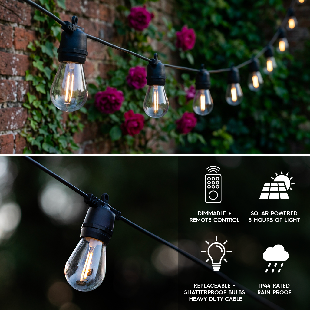 String lights with solar panel and remote control features on a dark background.