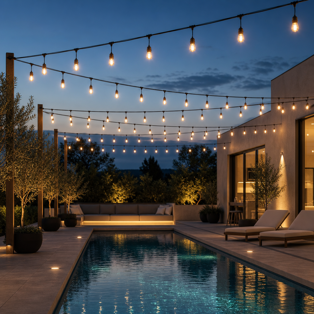 Evening outdoor setting with string lights over a pool area.