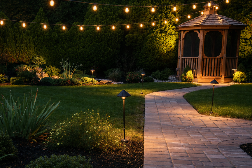 Garden pathway leading to a gazebo with string lights illuminating the area