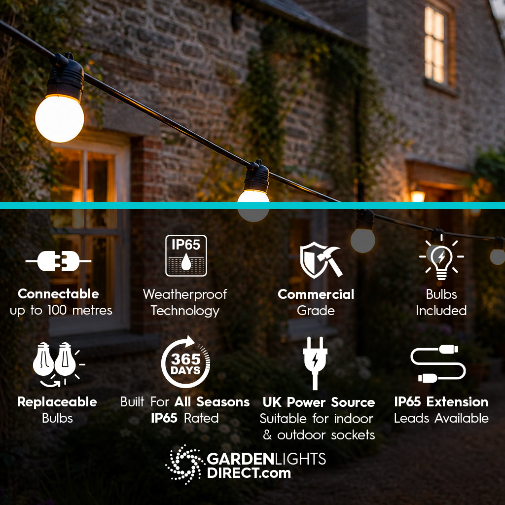Meribel Festoon Lights - Warm White, Connectable, IP65 Rated (5m–100m)