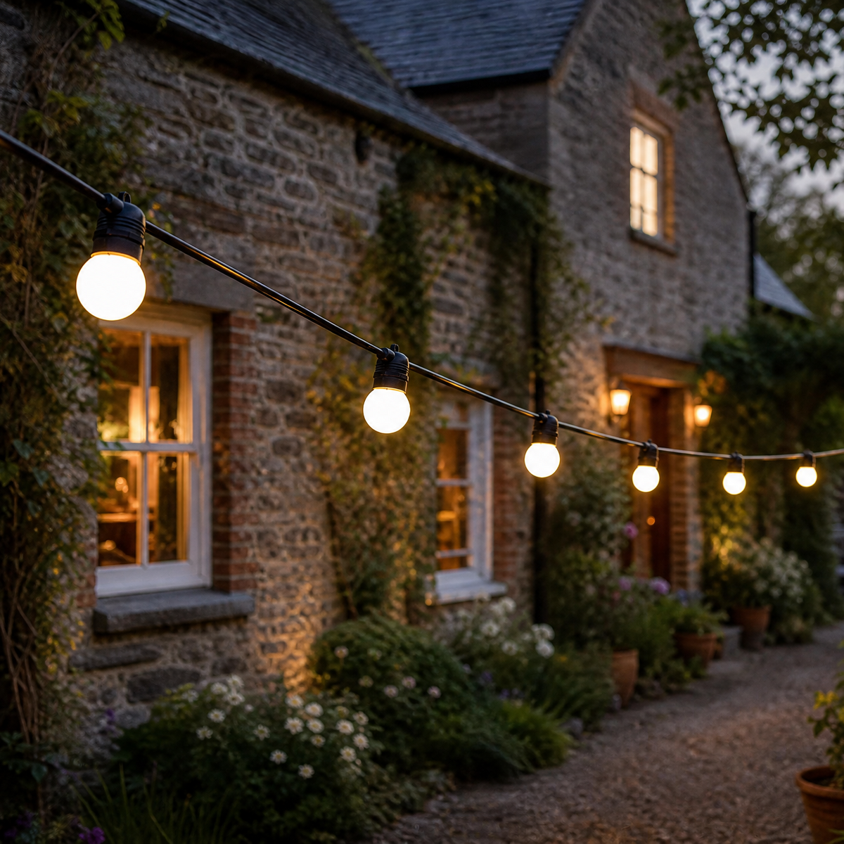 Warm white globe string lights draped across the exterior of a stone cottage, casting a soft glow on the garden path and surrounding plants at dusk.