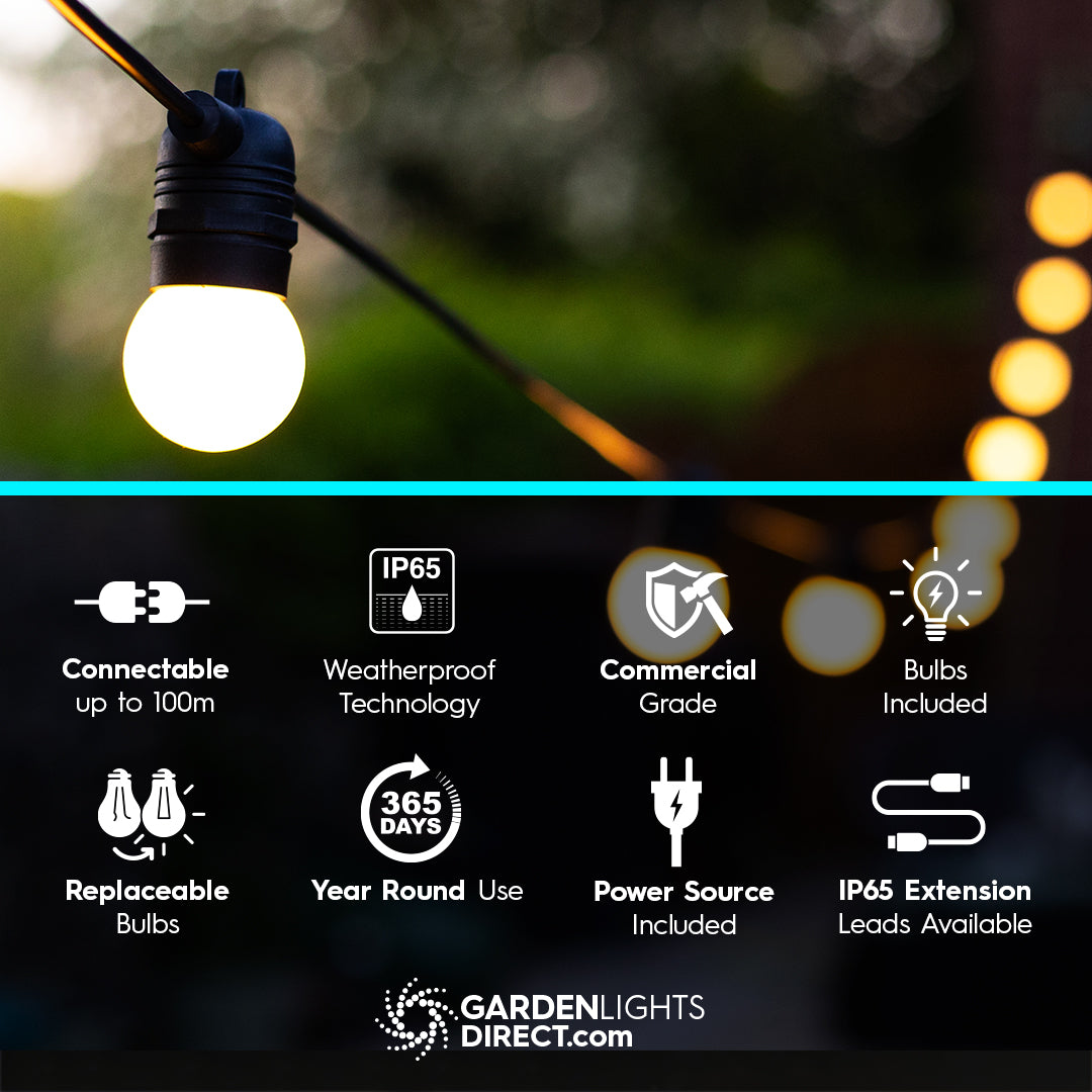 Meribel Festoon Lights - Warm White, Connectable, IP65 Rated (5m–100m)