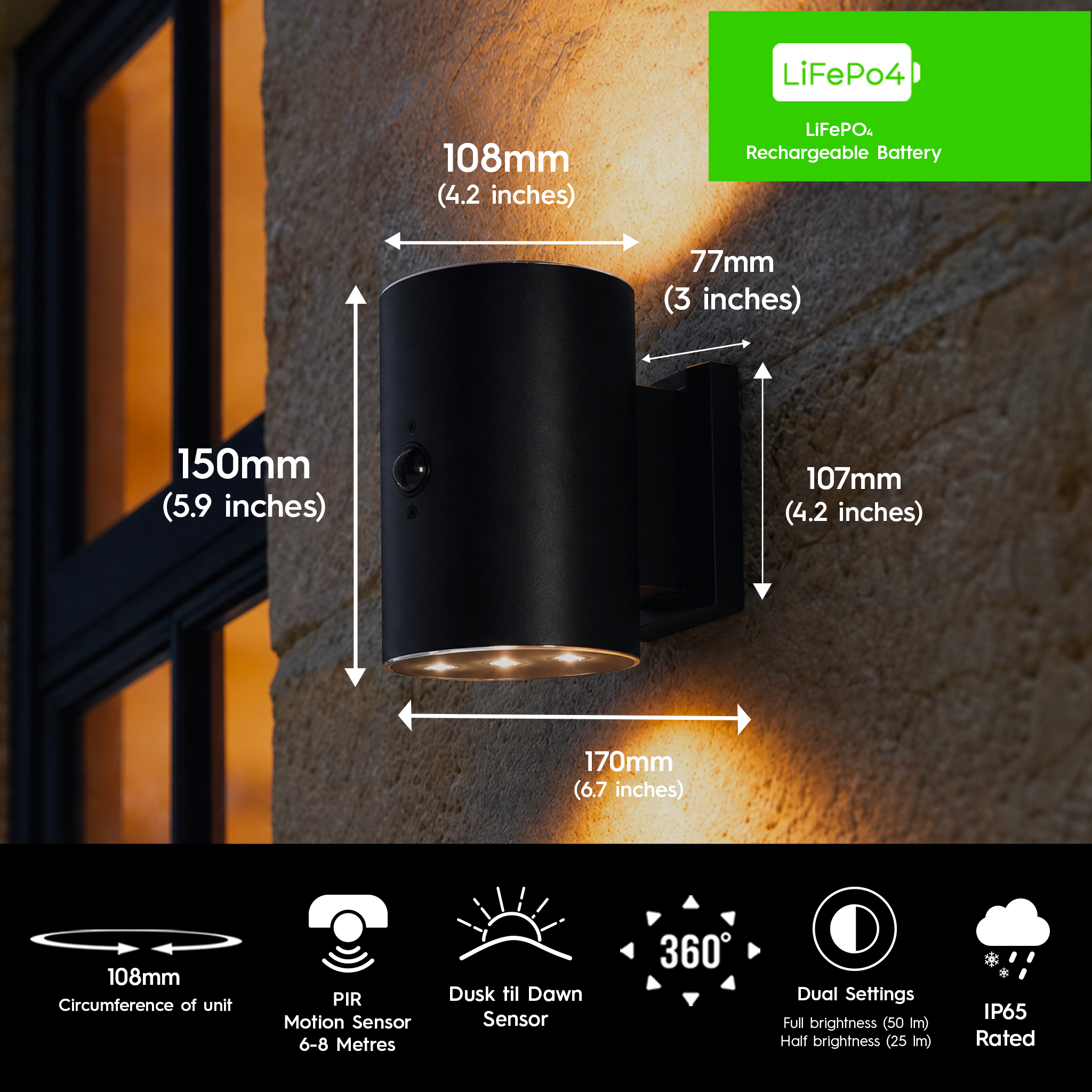 Monaco Solar Up & Down Wall Light with PIR Motion Sensor - Black - IP65 - Warm White LED