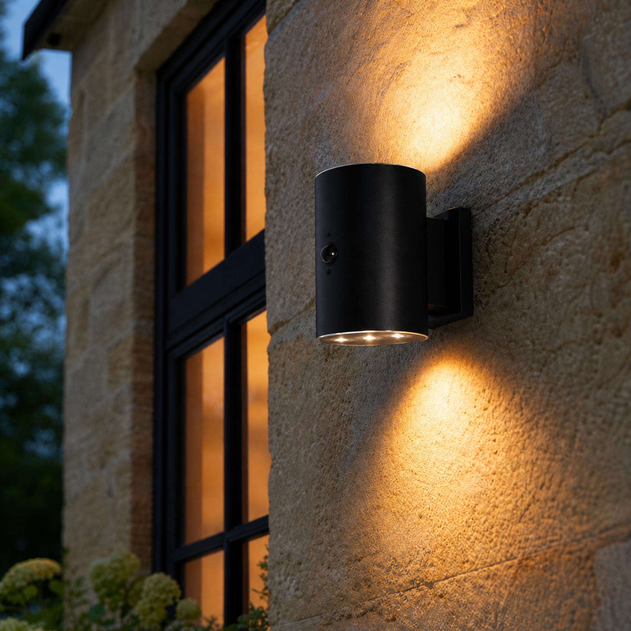 Monaco Solar Up & Down Wall Light with PIR Motion Sensor - Black - IP65 - Warm White LED - Weatherproof