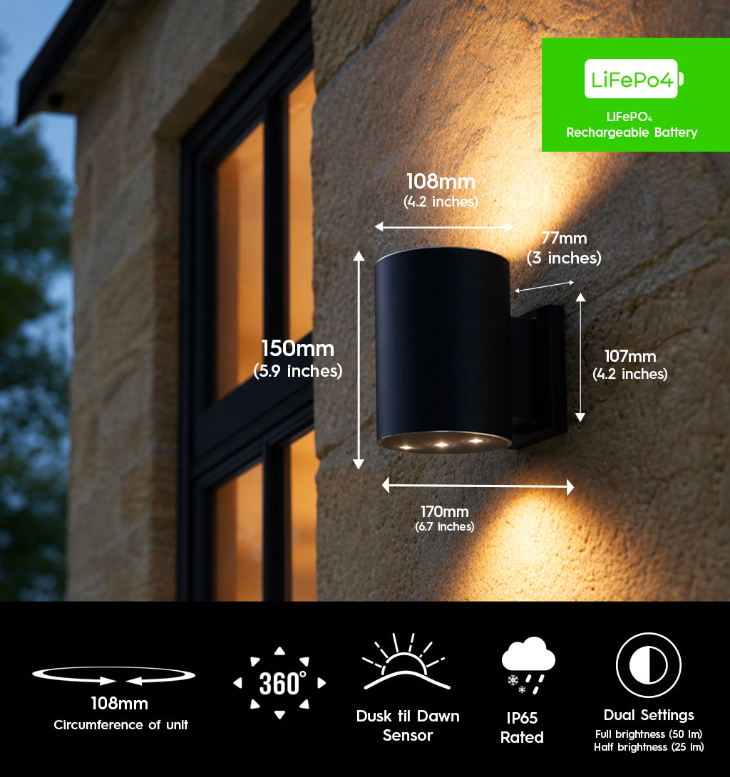 Outdoor wall light fixture with dimensions and features displayed on a stone wall background.