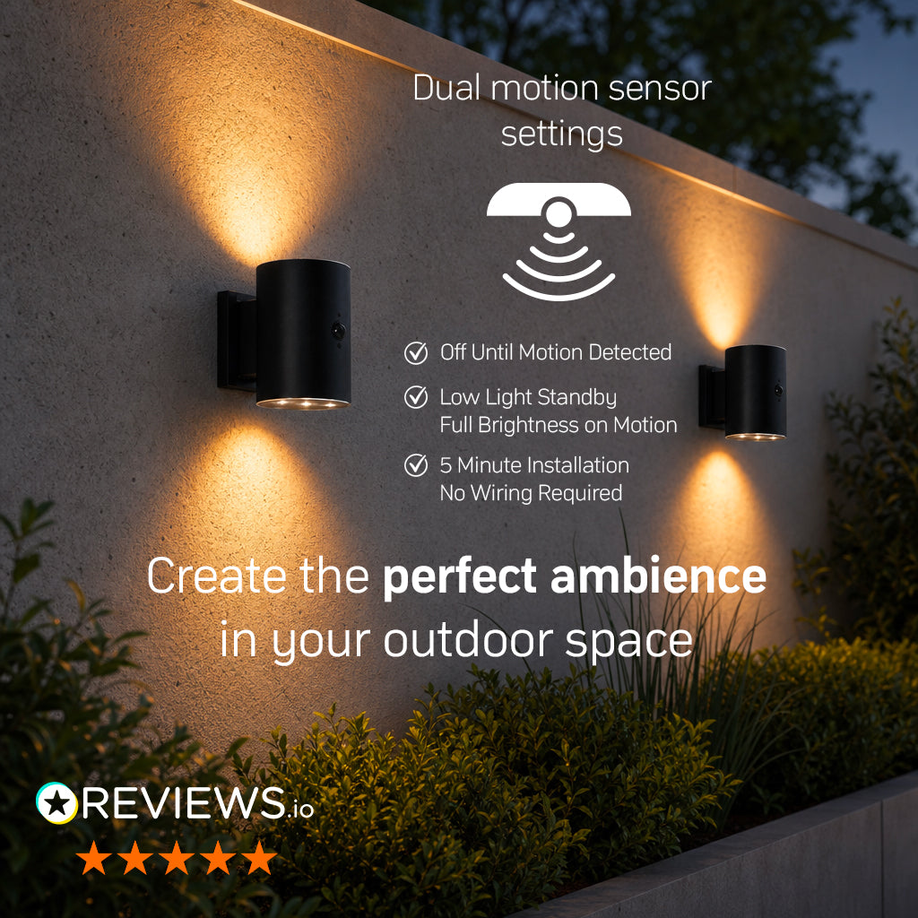 Monaco Solar Up & Down Wall Light with PIR Motion Sensor - Black - IP65 - Warm White LED - Weatherproof