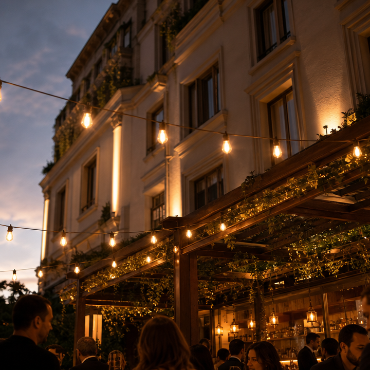 Outdoor evening scene at a building entrance with warm string lights hanging above a wooden pergola, people gathered in the foreground, and the lit facade of a classical-style building in the background.