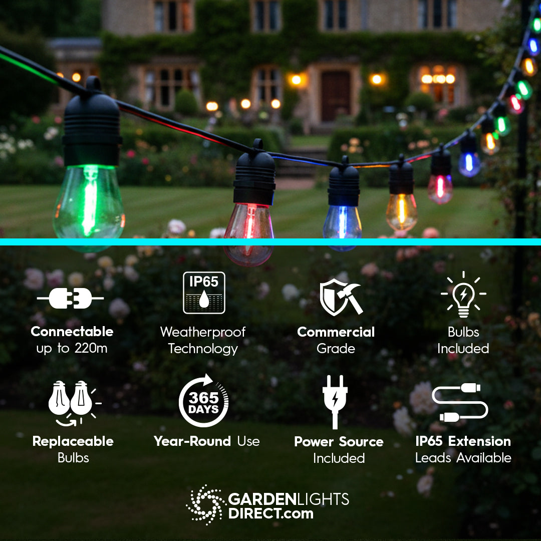 Portofino Multicoloured Festoon Lights - Connectable, IP65 (5m–100m)