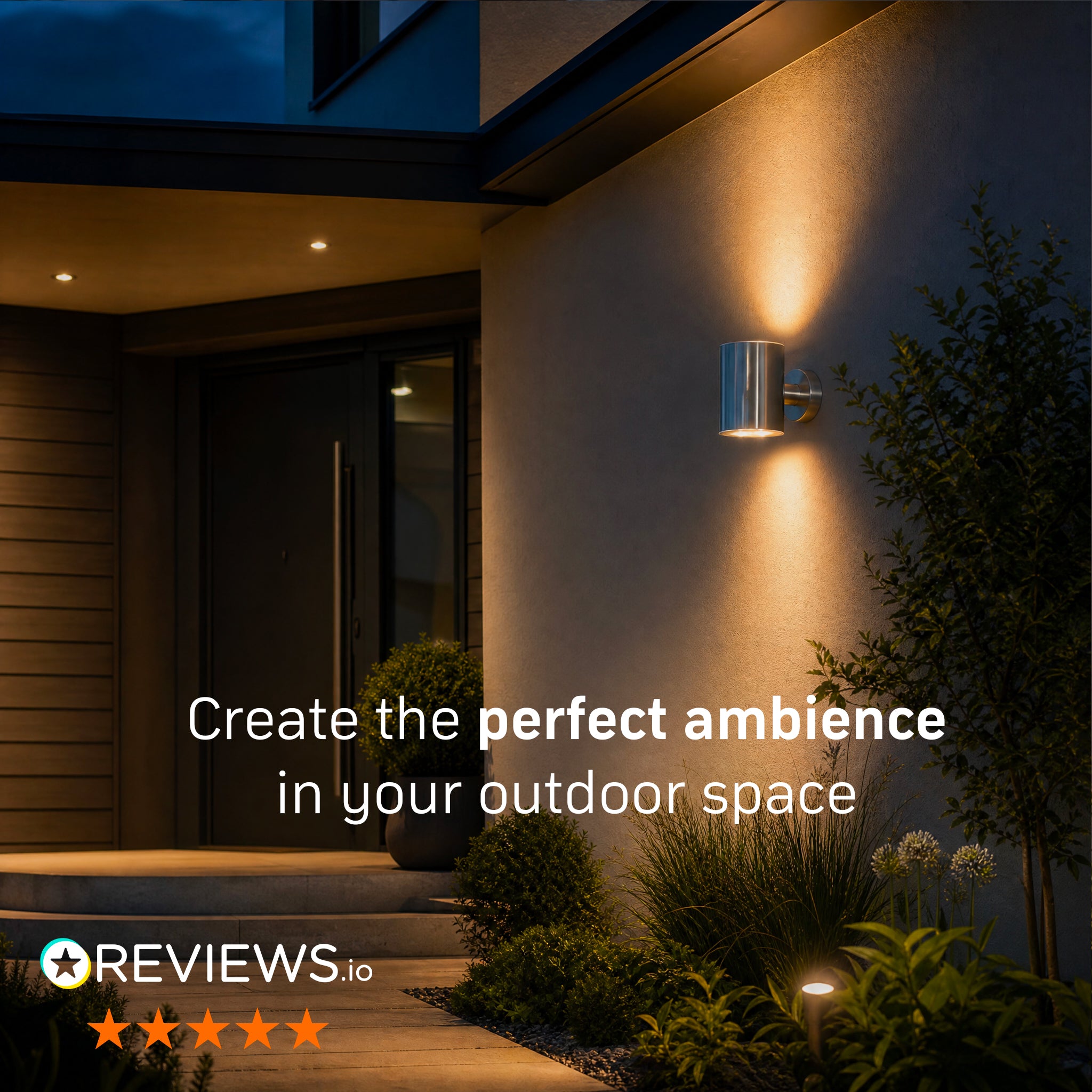 Outdoor lighting fixture on a house exterior with text promoting outdoor space ambiance.