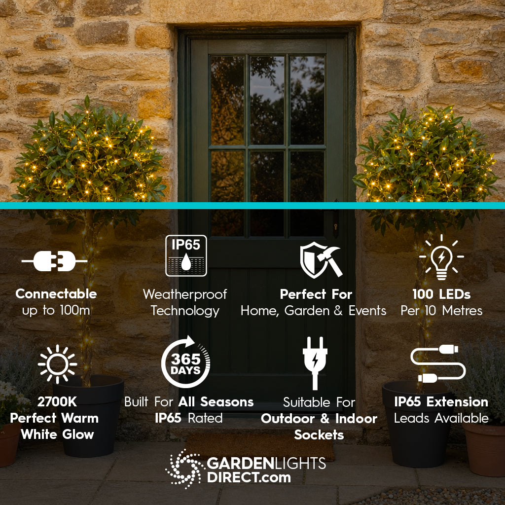 SCANDI Glow Connectable Fairy Lights - Transparent Cable - IP65 Outdoor & Indoor, 10–100m, 100–1000 LEDs