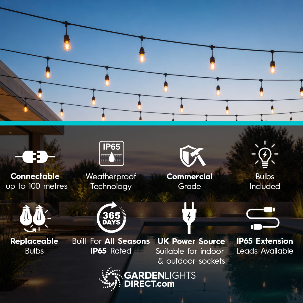 Sorrento Festoon Lights - Warm White, Connectable, IP65 (5m–100m)