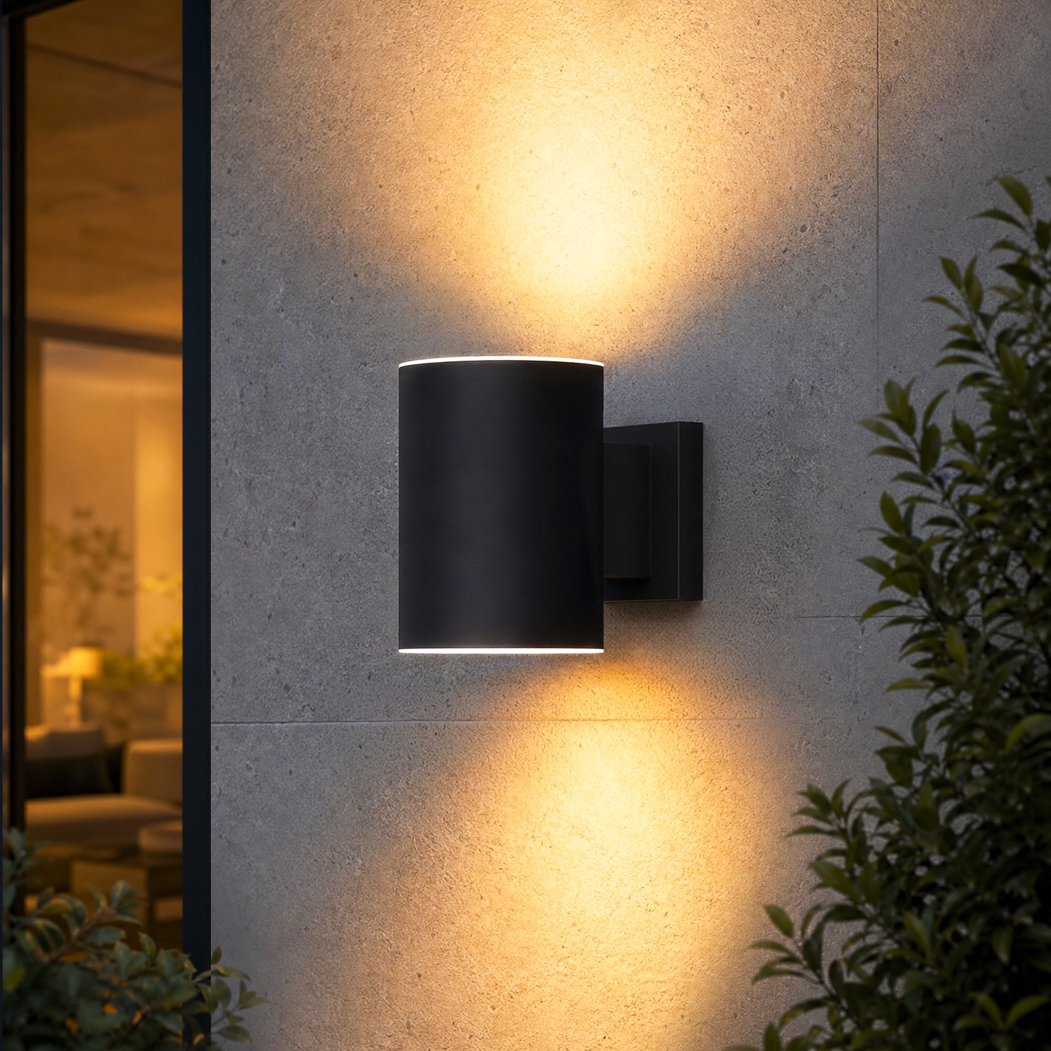Black outdoor wall light fixture on a stone wall with warm glow