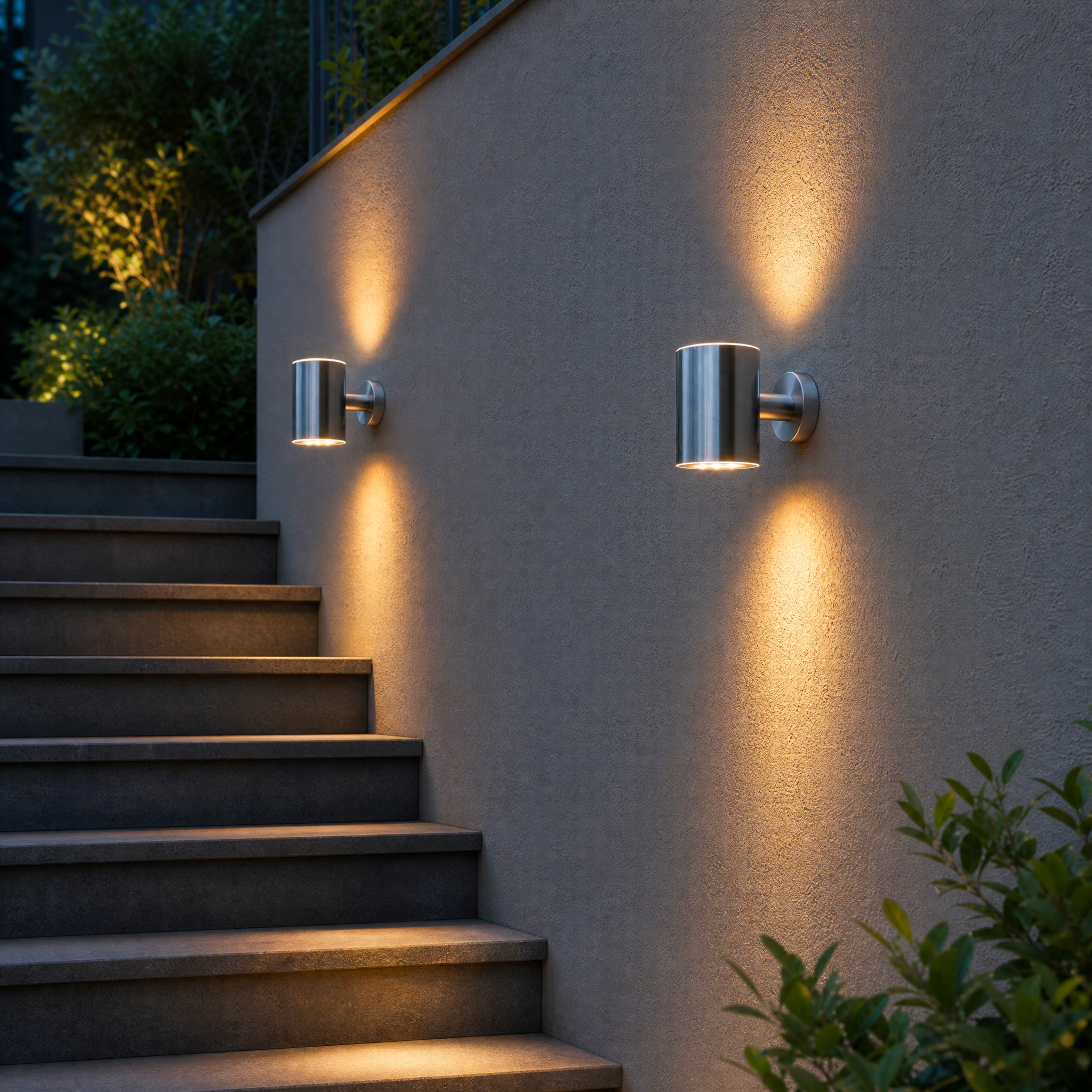 Two outdoor wall lights on a building exterior with steps and plants.