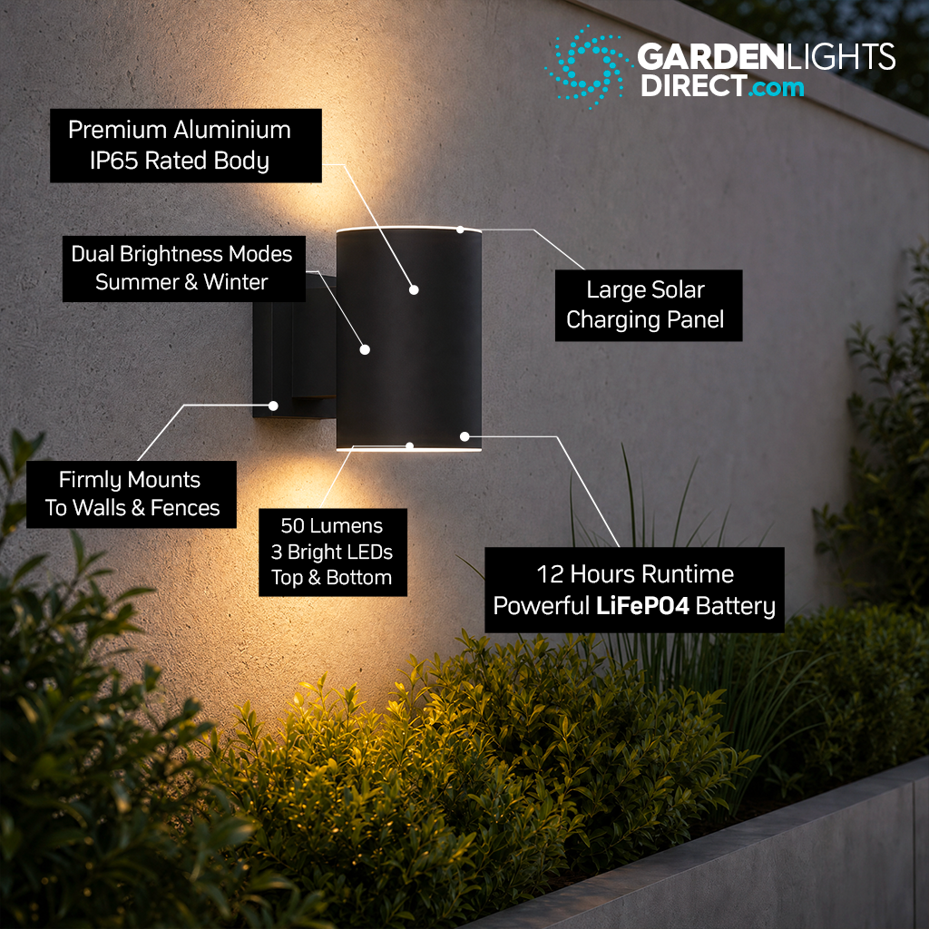 Monaco Solar Up & Down Wall Light with PIR Motion Sensor - Black - IP65 - Warm White LED - Weatherproof