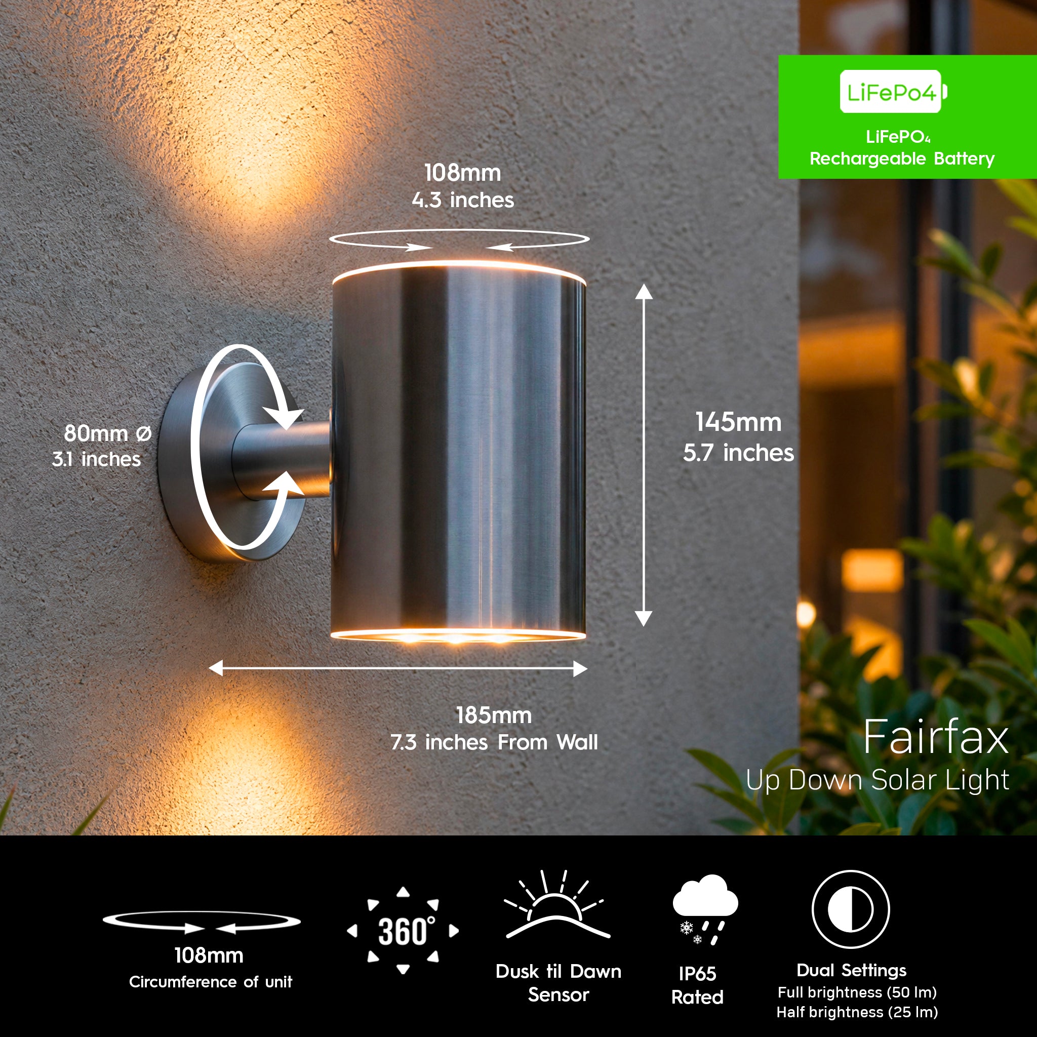 Fairfax Solar Up & Down Wall Light - Silver - IP65 - Warm White LED - Weatherproof - Built To Last