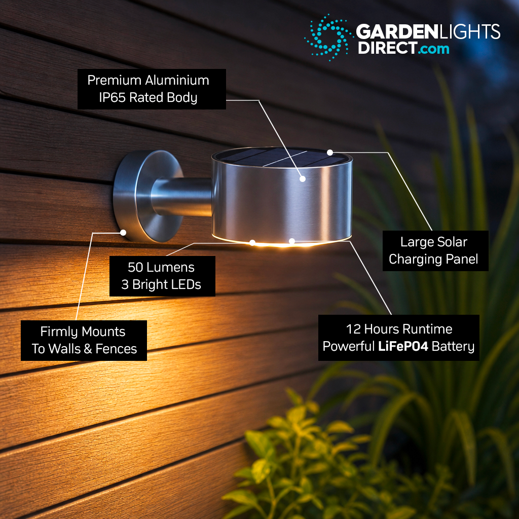 Fairfax Solar Down Wall Light - Silver - IP65 - Warm White LED - Weatherproof - Built To Last