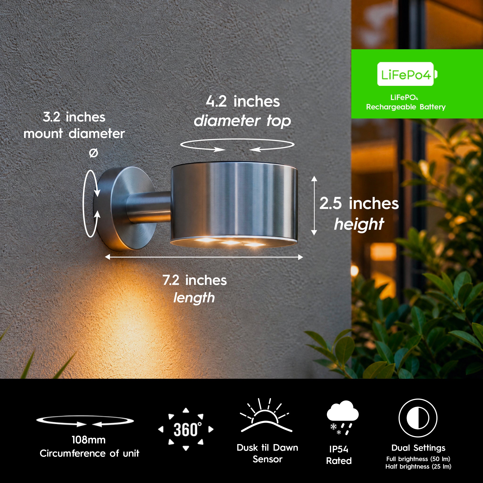 Fairfax Solar Downlight Wall Light Silver IP54 Warm White LED