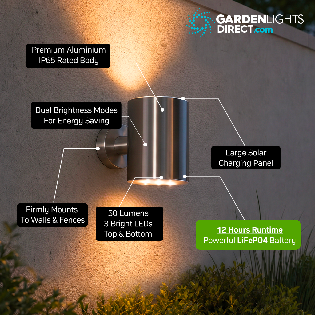 Fairfax Solar Up & Down Wall Light - Silver - IP65 - Warm White LED - Weatherproof - Built To Last