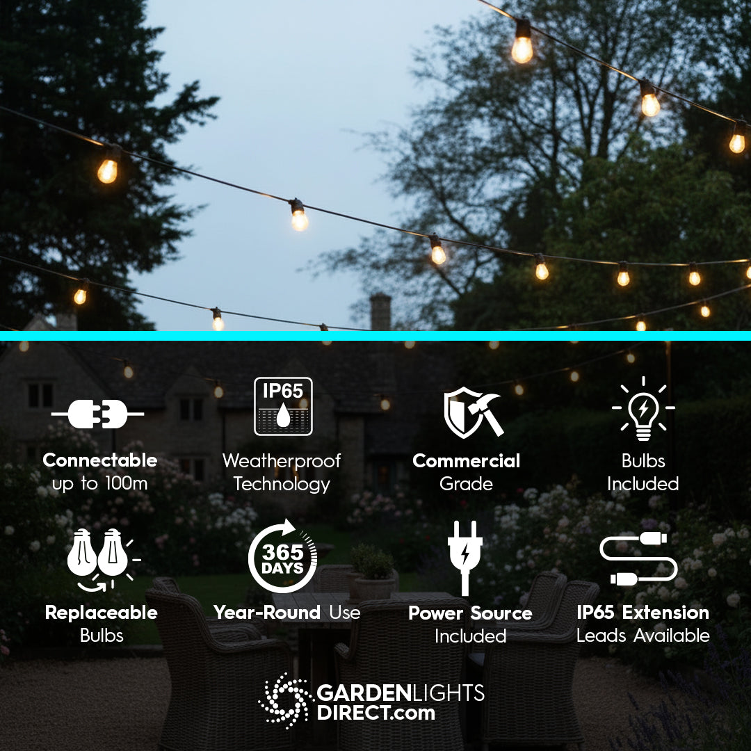 Portofino Festoon Lights - Warm White, Connectable, IP65 (5m–100m)