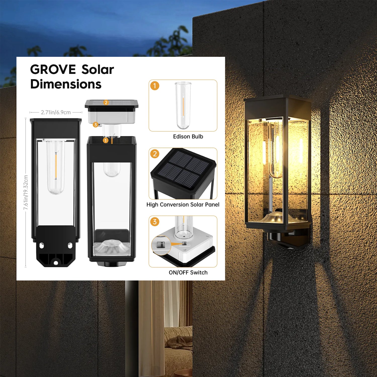 2x Grove Outdoor Solar Wall Lights with Edison Style Bulb IP65 Rated - Garden Lights Direct