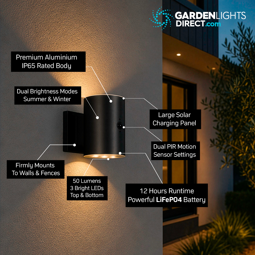 Monaco Solar Up & Down Wall Light with PIR Motion Sensor - Black - IP65 - Warm White LED