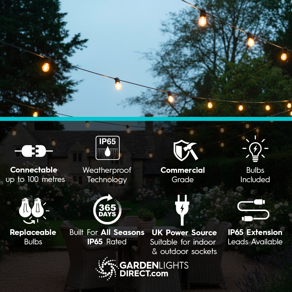 Portofino Festoon Lights - Warm White, Connectable, IP65 (5m–100m)