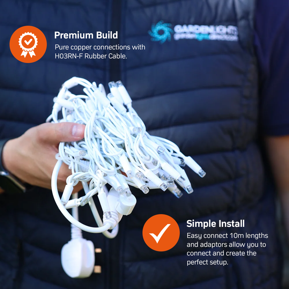 NORDIC Glow LED Fairy Lights - Connectable IP65 Outdoor & Indoor, 10-100m, 100-1000 LEDs, Thick White Rubber Cable